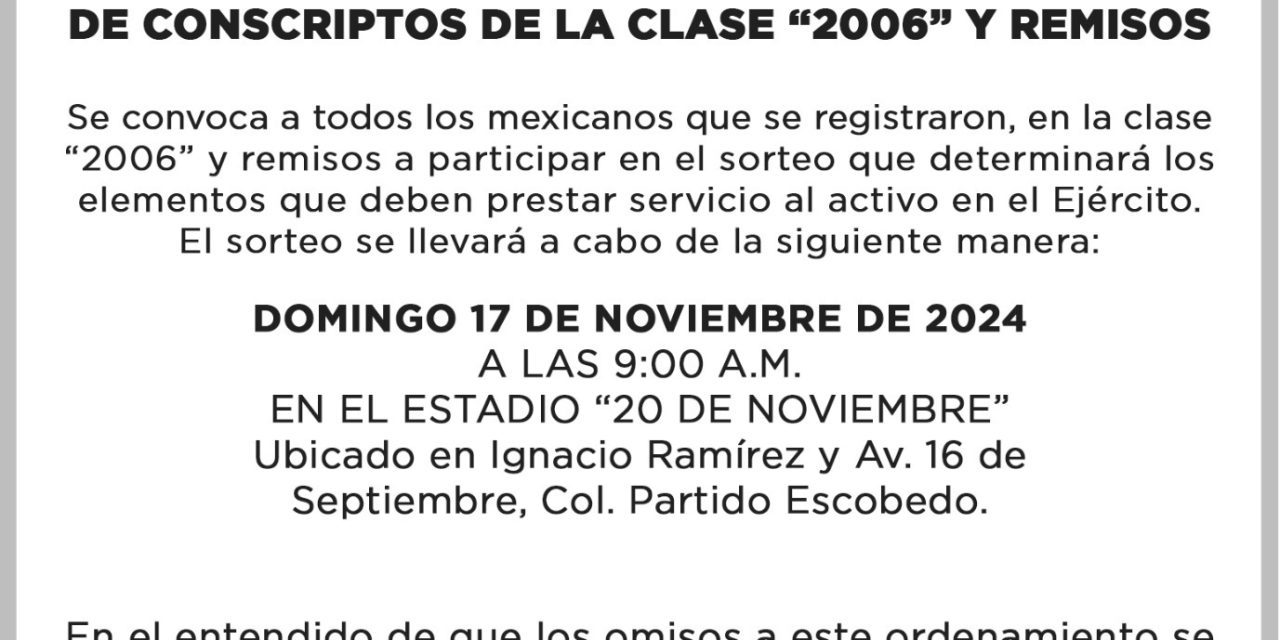 Realizarán sorteo del Servicio Militar el próximo domingo